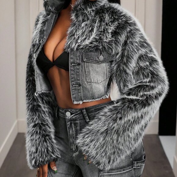 Casual Blue Women's Patchwork Denim Jacket with Faux Fur Collar - Picture 3 of 7